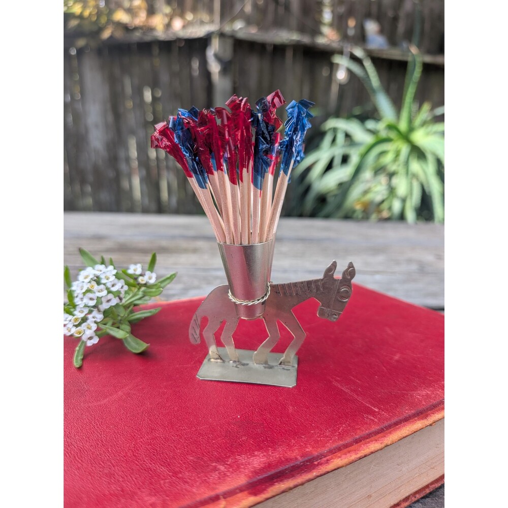 Vintage Stamped Metal Donkey Toothpick Holder, Mexican Folk Art Burro Figurine